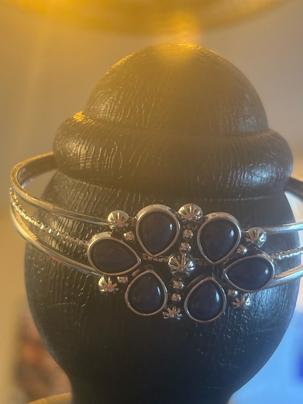 Silver-Tone Flower Cuff Bracelet with Dark Navy blue Stones